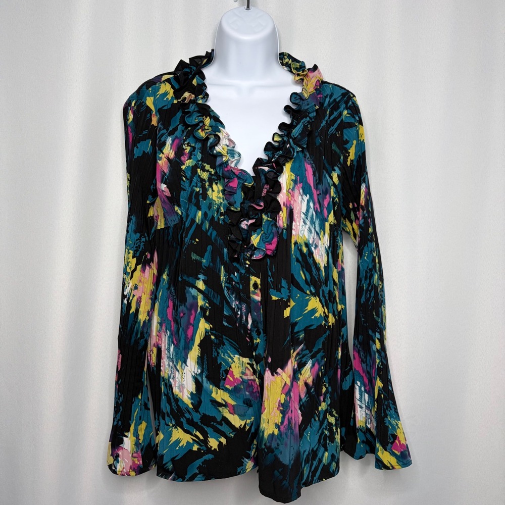 East 5th Woman 1X Blouse Black Multi Abstract Pleated Ruffle V-Neck Flare Sleeve